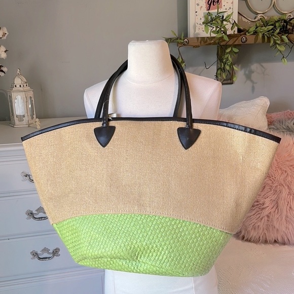 Beach Bag Large Straw Tote Lime - Picture 1 of 8
